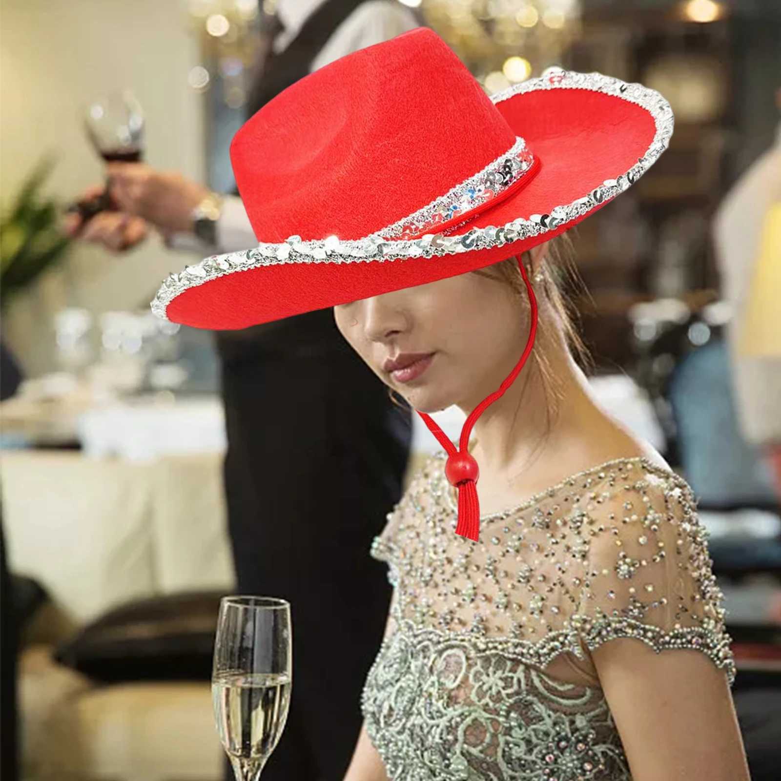Western style decorative denim hat Fedoras Cs wide Brim sequined edge denim hat Dr Up womens party outdoor bridal shower W241225