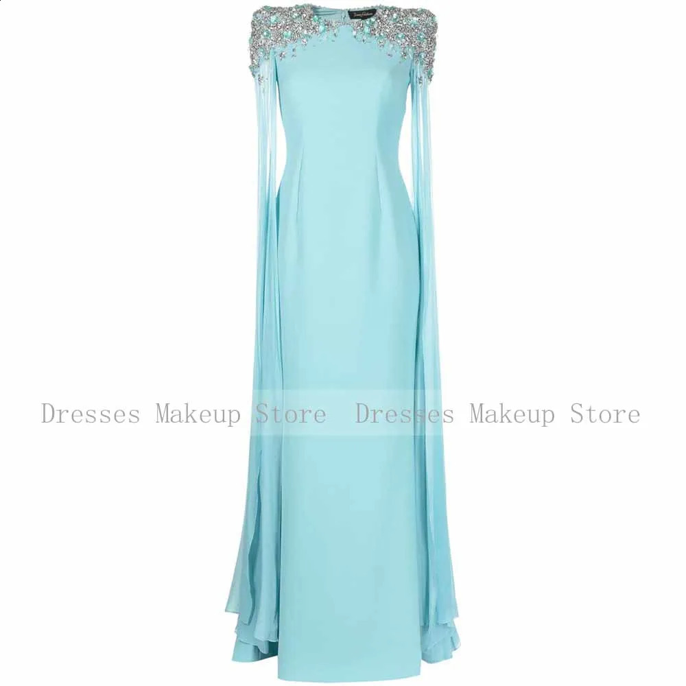 Light Sky Blue Wedding Party Dress Crystal Clock Sleeves O Neck Evening Dresses for Women Mermaid/Trumpet Evening Gowns 241223