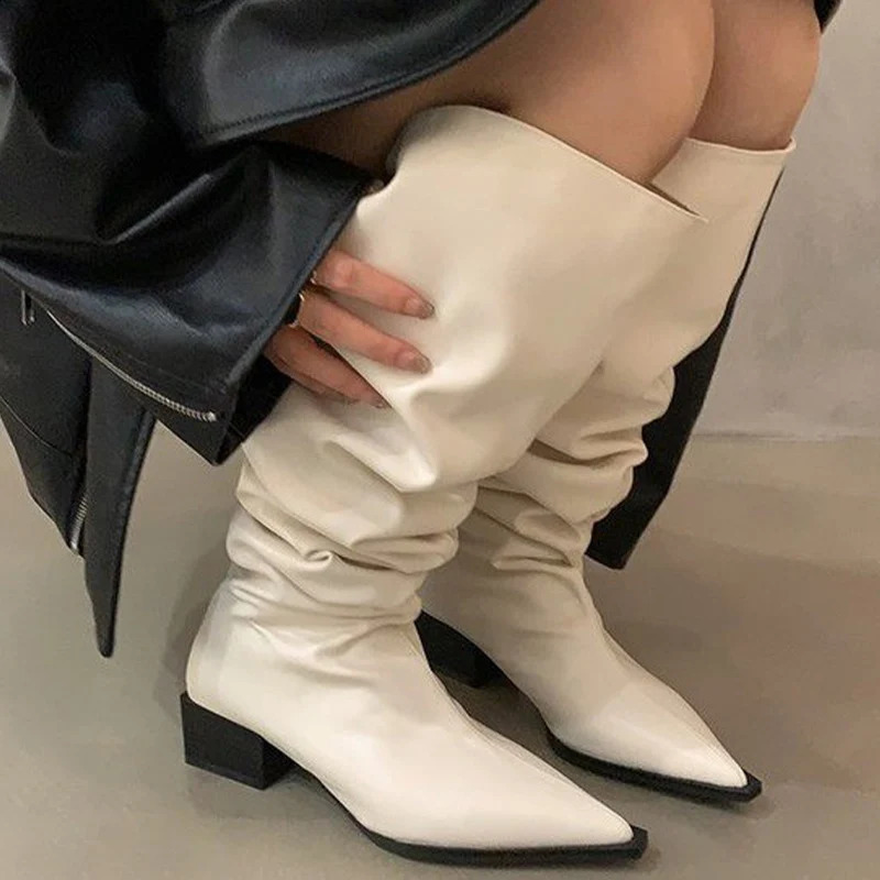 Over The Knee Women Chelsea Boots Pointed Toe Mid Heels Shoes Winter Classic Motorcycle Boots Goth Lady Chaussures 241226