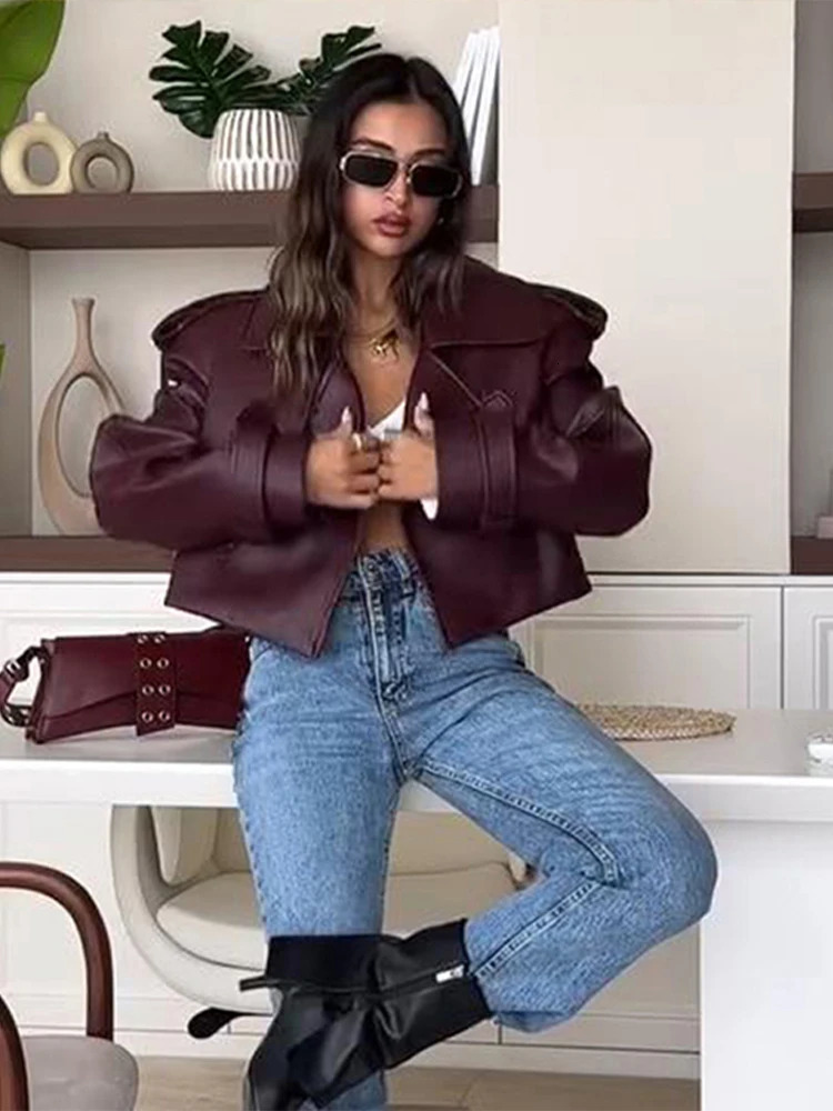 Vintage Pu Leather Women Short Jacket Fashion Lapel Collar Loose Long Sleeves Coat Female Autumn Locomotive Ladies Streetwear 241223