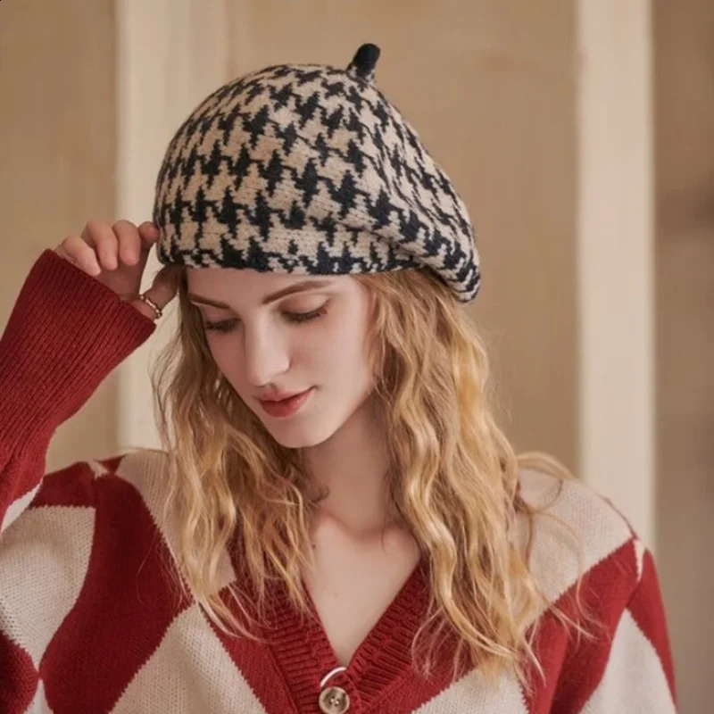 Autumn Winter Womens Thousand Bird Plaid Beret Style Beanie Knit Hat Warm keeping Fashion Artist Art Warm painter hat Cap 241226