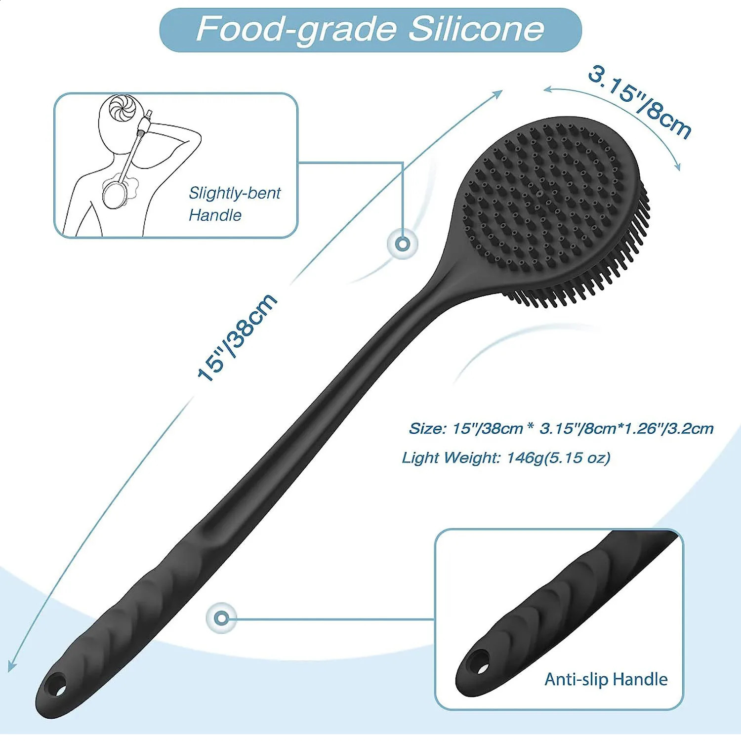 Silicone Back ScrubberLong Handle Body ScrubberLight Easy-to-Hold Shower Brush for Skin Cleaning Exfoliating with a Free Hook 241226