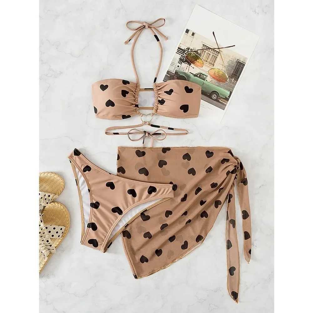 3 pieces of heart-shaped printed camisole bikini swimsuit and beach skirt sexy swimsuit for women 2024 swimsuit for women summer swimsuitW241225