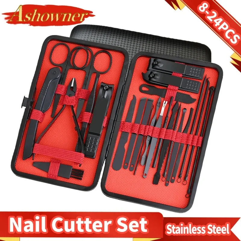 24pcs/18pcs/15pcs/10pcs/8pcs Black Stainless Steel Manicure Tools Set Including Nail Clippers And Cutters 241225