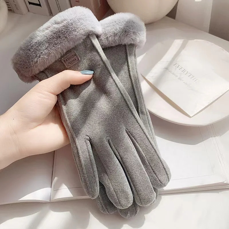 Warm Full Finger Gloves Autumn Winter Touch Screen Plus Wool Gloves Womens Thickened Wool Knit Cycling Gloves 241226