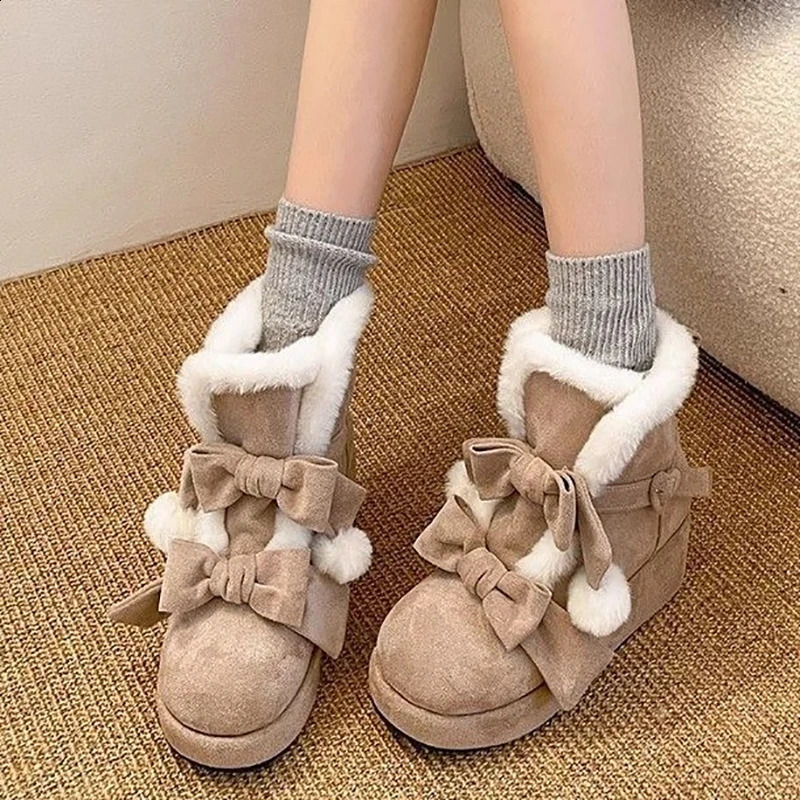 Lovely Girls Lolita Winter Ankle Snow BootsPlush Warm Hairball Bowknots Wedge Heel Heightening Platform Shoes241226