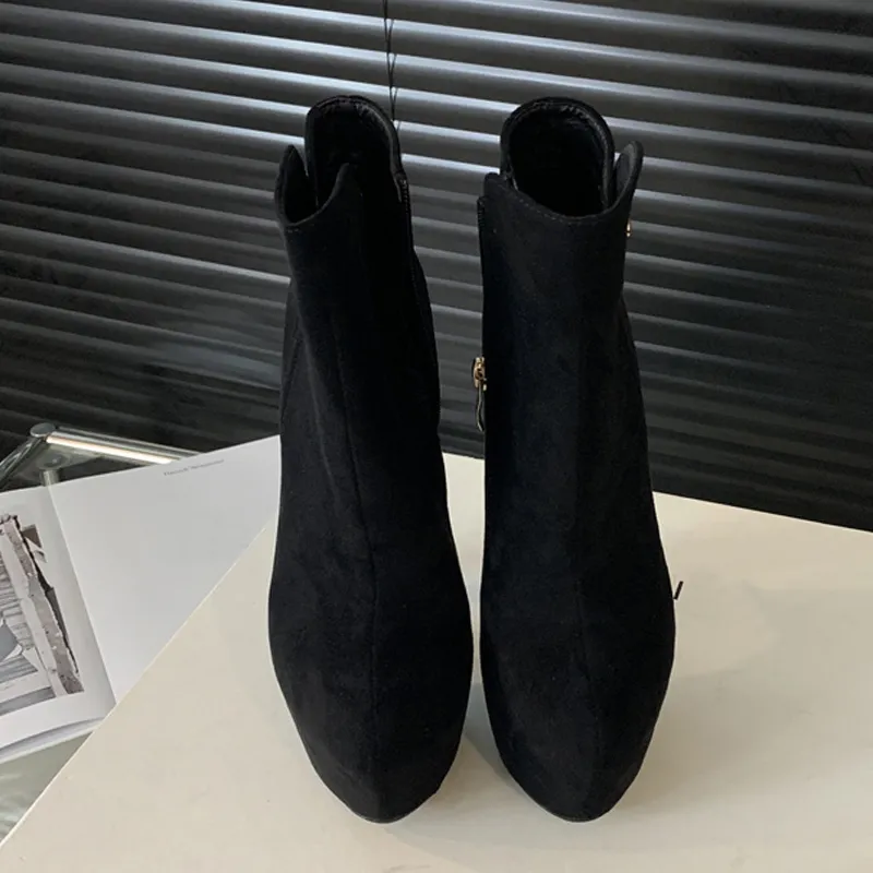 Fashion Boots Chic Elasticity Buckle Strap Women High Heels Platform Boots Sexy Zip Round Toe Pole Dance Extreme Shoes Black