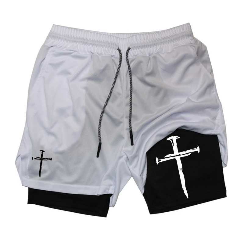 Cross Graphic 2 in 1 Workout Running Shorts for Men Christian Gym Performance Shorts with Phone Pocket Towel Loop Active WearXJ241226