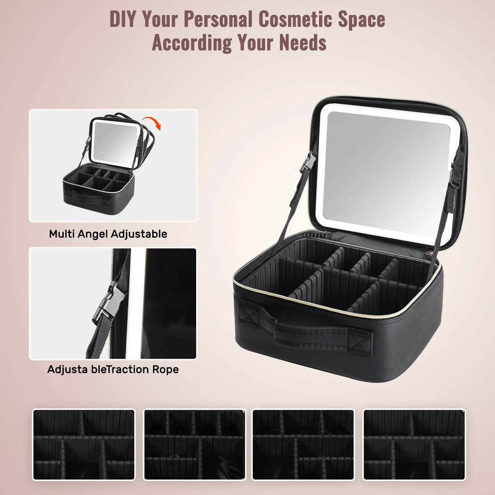 Travel Makeup Bag With LED Lighted Mirror Makeup Train Case With Adjustable Dividers For HomeGiftVacation 241226
