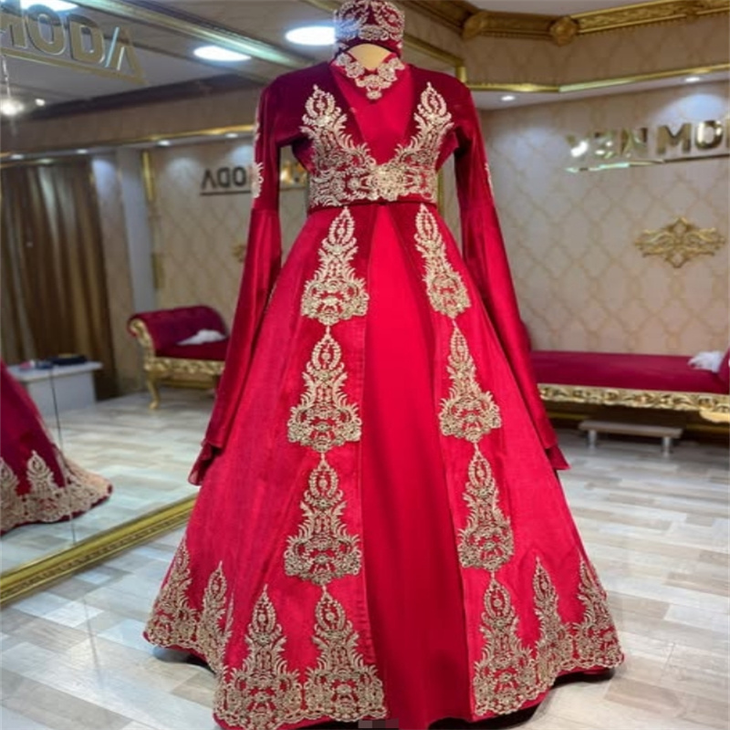 Traditional Red Moroccan kaftan Evening Dress Turkish Appliques Lace Muslim Prom Dress Long Sleeve Arabic Dubai Party Abaya Vestio De Fiesta Robe De M