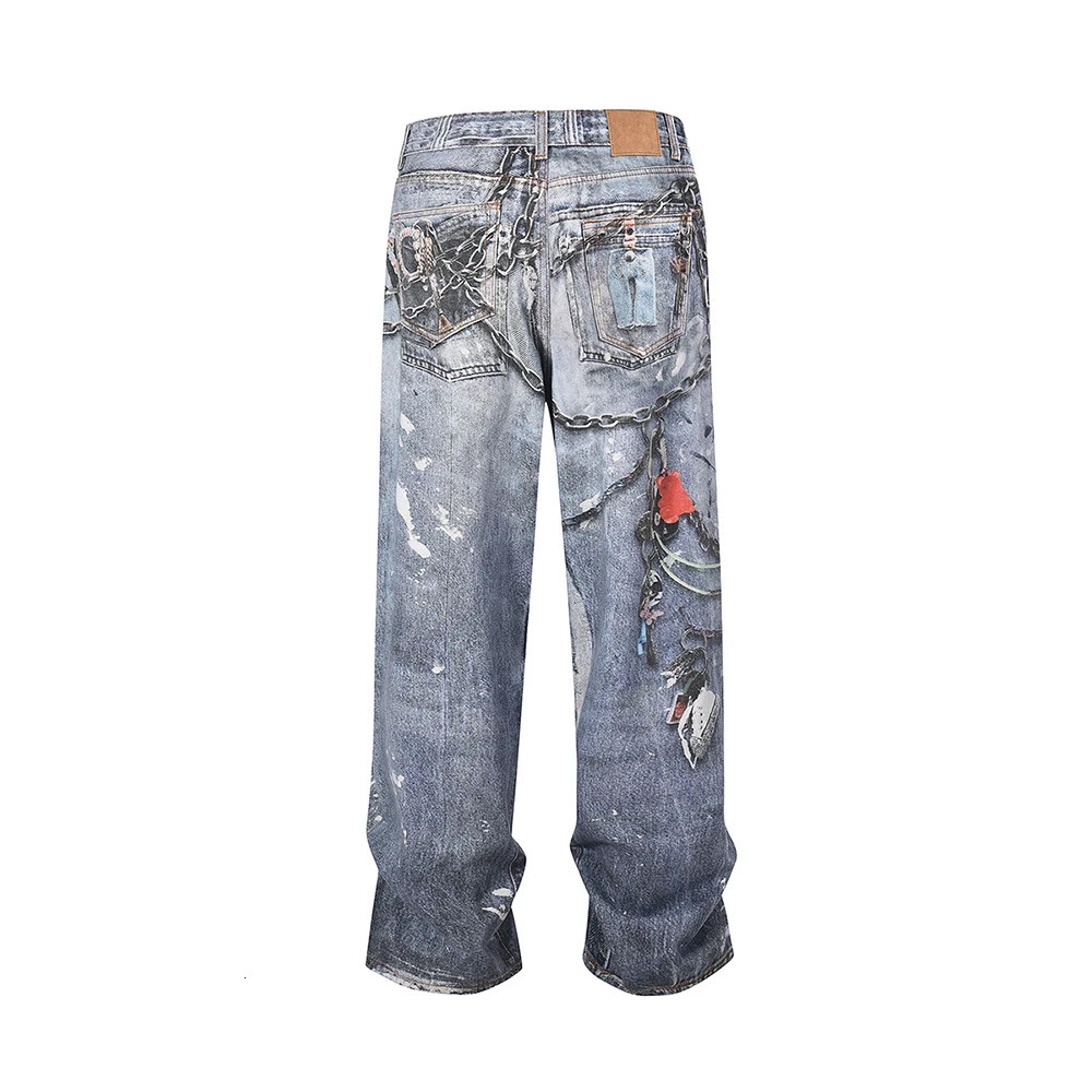 High Street Chain Print Frayed Washed Baggy Jeans for Men and Women Y2k Casual Loose Denim Trousers Ropa Hombre Casual Pants 241225