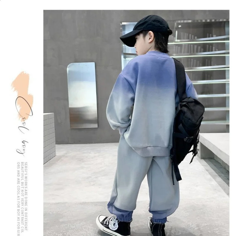 Autumn Teenage Boy Clothes Set Children Girls Gradient Tshirts and Pants 2 Pieces Suit Kid Top Bottom Fashion Outfits Tracksuit 241225