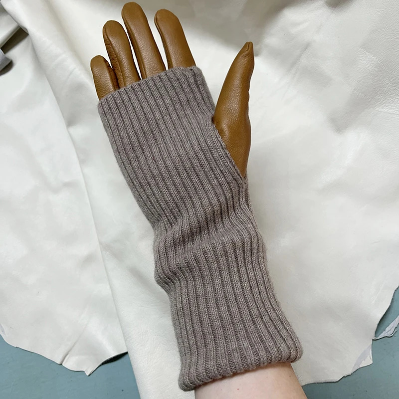 Leather Gloves Warm Knitted Panels Sheepskin Gloves Ladys Autumn Winter Single Leather Gloves Knitted Sleeves Light Brown 241226
