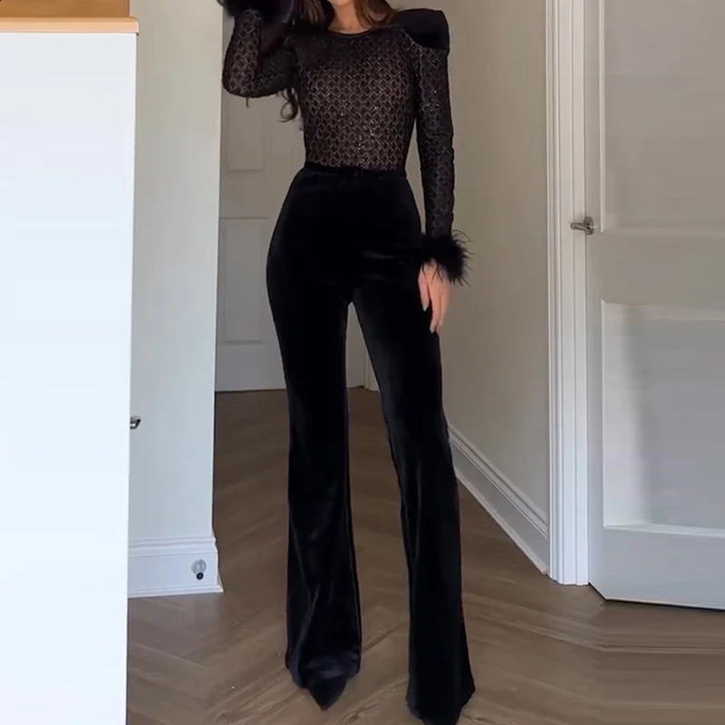 Women Patchwork Velvet Slim Party Rompers Long Sleeve Feather Combination Lattice High Waist Wide Leg Long Jumpsuit 241224