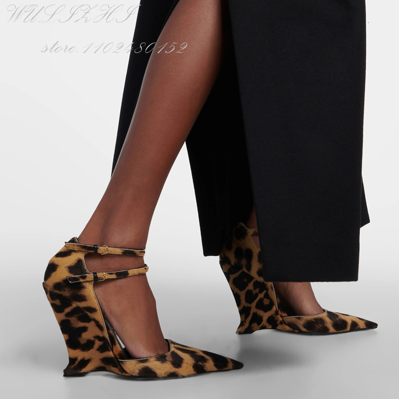 Brown Suede Black Ed Leopard Print Wedge Sandals Women Pointed Toe Light Red Shiny Leather Stone Pattern Buckle Sexy Shoes