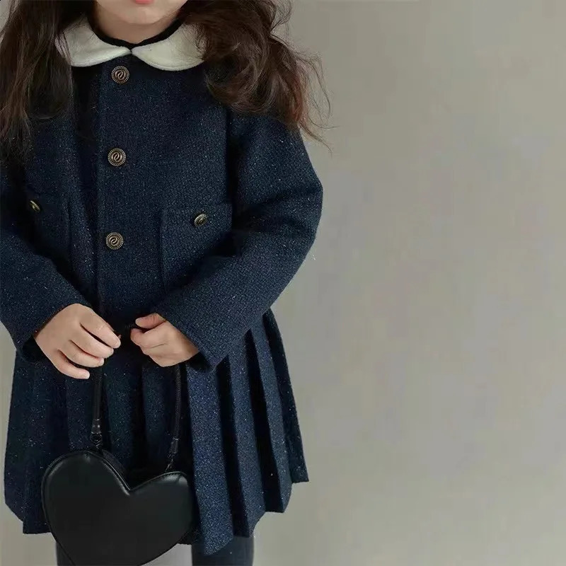 Autumn Winter Little Girl 2PCS Clothes Set Solid Woolen Outerwear Coat Outfits Turn Down Collar Pleated Sundress Baby Suits 241225