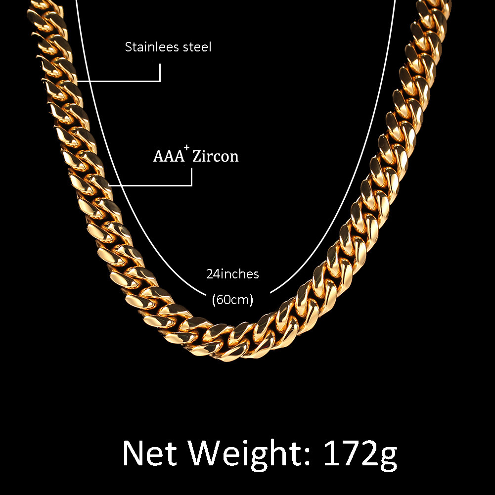 Hip Hop Micro Inlaid Cubic Zirconia Stainless Steel Curb Chain Color Preserving Electroplating 18k Gold Cuban Chain Necklace Bracelet Pulsera Hombre