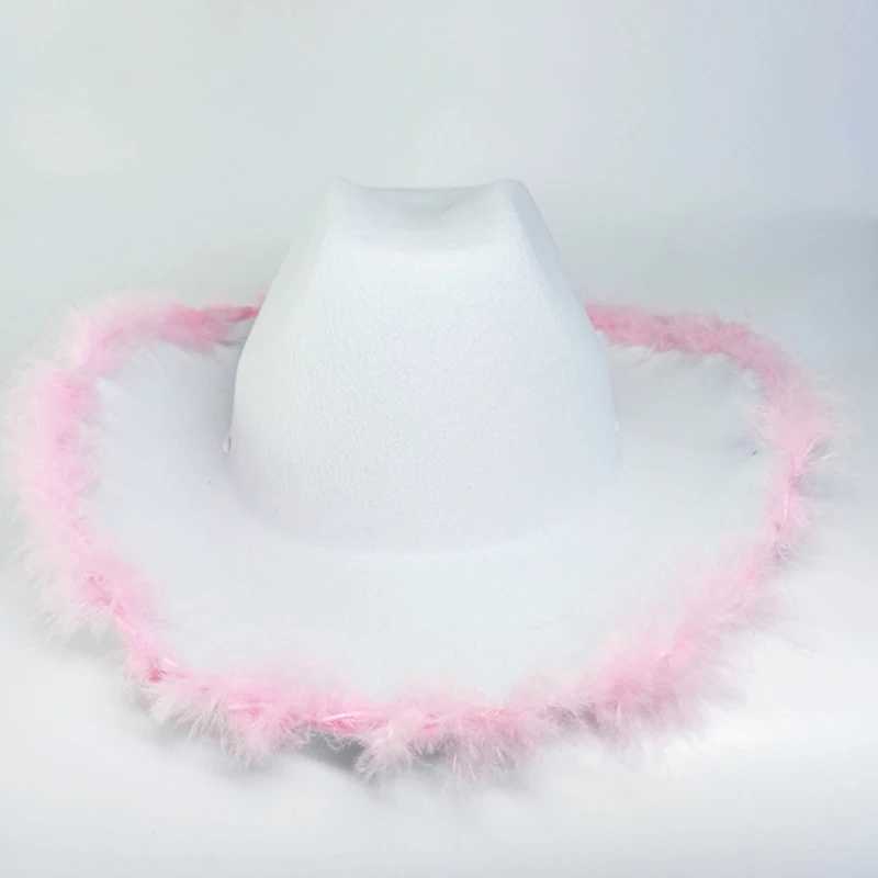 1 gorgeous fluffy feather Brim denim hat wide Brim pink denim hat Mardi Gras Rave Playing Dr Up W241225