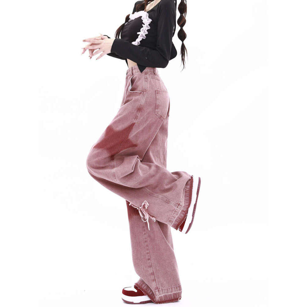American Retro Five-point Star Raw Edge Splicing Loose Wide-leg Jeans Look Thin Trendy All-match Mopping Pants Women