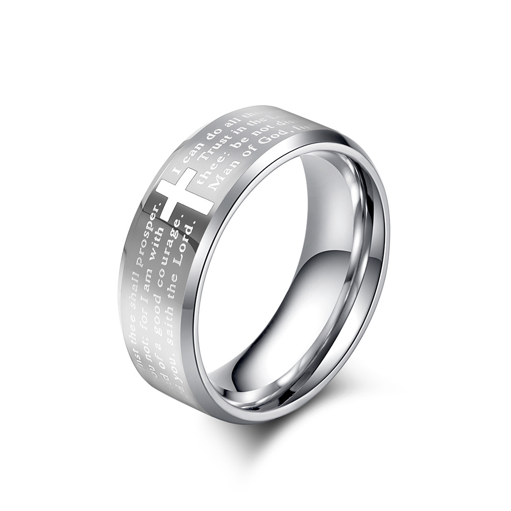 Titanium Steel Engrave Cross Scripture Ring for Men Women Bible Cross Ring Mens Religious Stainless Steel Ring Jesus Tattoo Christianity Cross Letter 