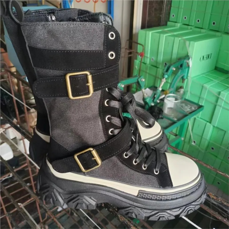 Thick platform women boots vintage canvas tooling High top knight boots Round head muffin sole side zip Belt buckle boots C21 241226