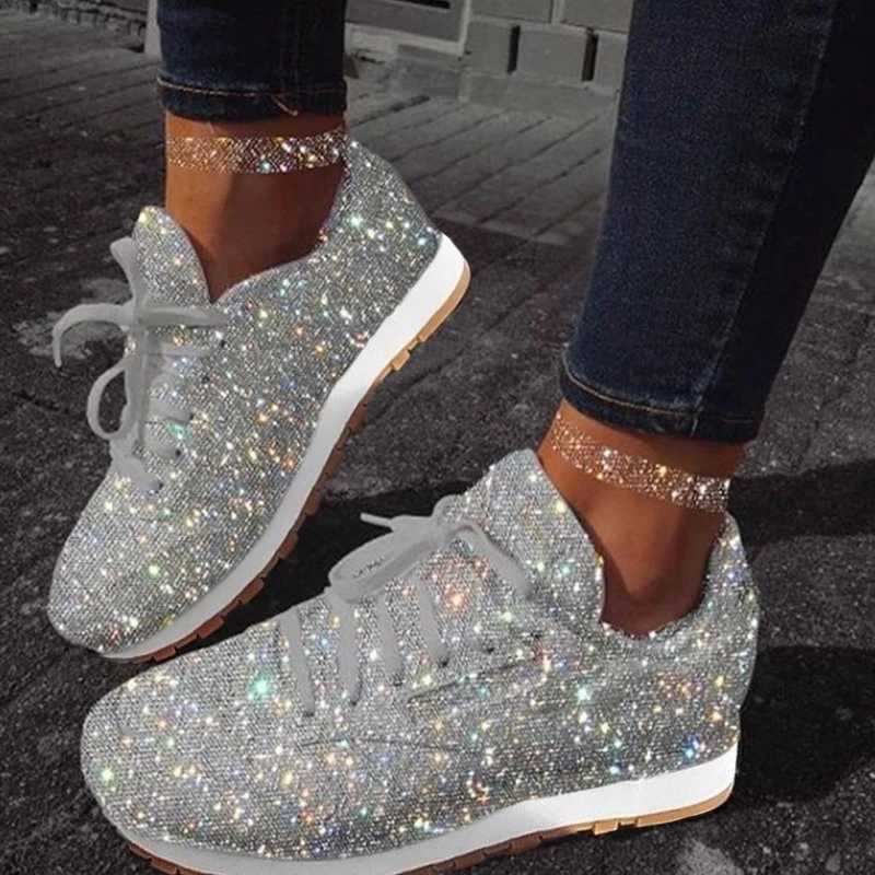 Womens casual sparkling shoes mesh flat shoes womens glitter vulcanized shoes lace sports shoes outdoor sports running shoes M241225
