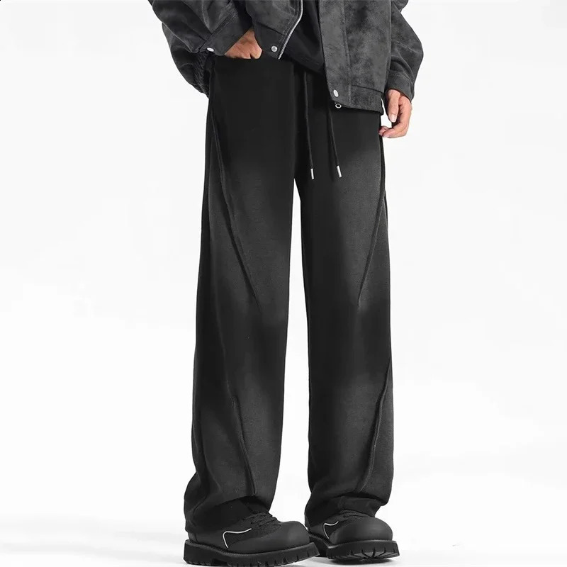 Autumn Mens High Street Pleated Straight Pants Korean Fashion Elastic Waist Pockets Trousers Y2K Vintage pantalones hombre 241224