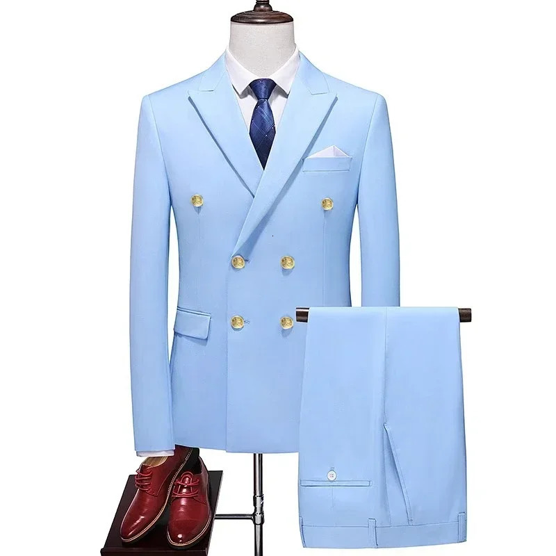 2024 Fashion Mens Business Double Breasted Solid Color Suit Coat Male Slim Wedding 2 Pieces Blazers Jacket Pants Trousers y241220