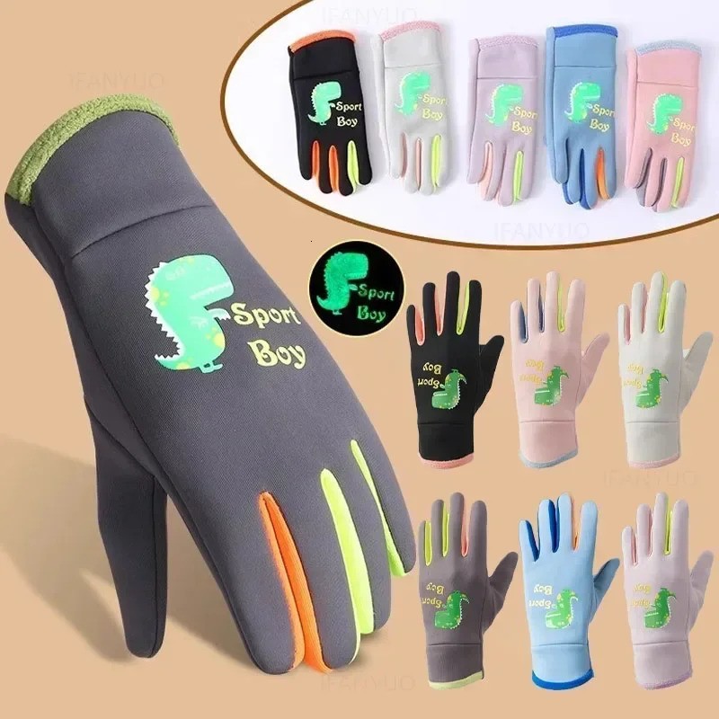 Winter Children Plush Warm Gloves Boys Girls Kids Outdoor Windproof Skiing Cycling Glow Students Toddler Mittens 241225