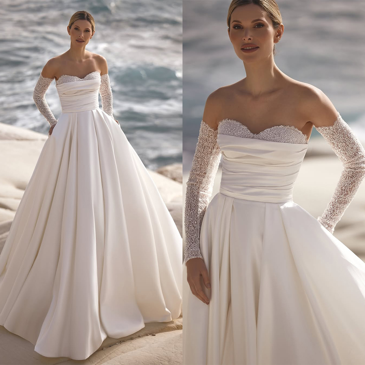 Gorgeous A-line Wedding Dresses Strapless Long Sleeve Court Gown Custom Made Sequins Sweep Train Plus Size Bridal Party Dresses Vestidos De Novia