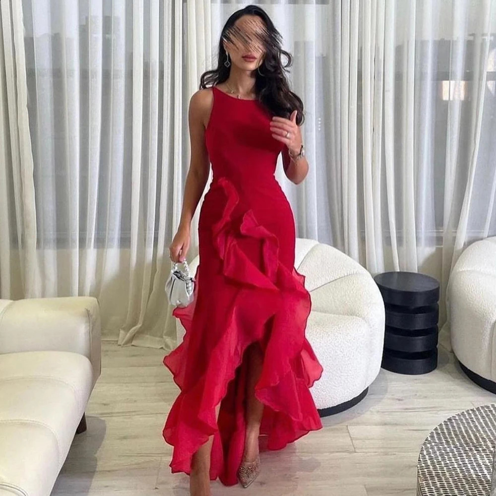 Customized Elegant Red Ruffles Jersey Evening Dress Ladies Scoop Sleeveless High Low Special Occasion Gowns Sexy Open Back 241223
