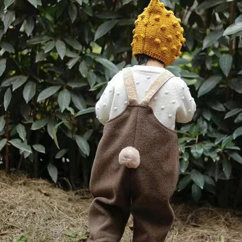 Retro Fashion Kids Over 2025 Spring Cute Rabbit Tail Girl Strap Pants Boys Baby Jumpsuit Years Childrens Clothing 241225