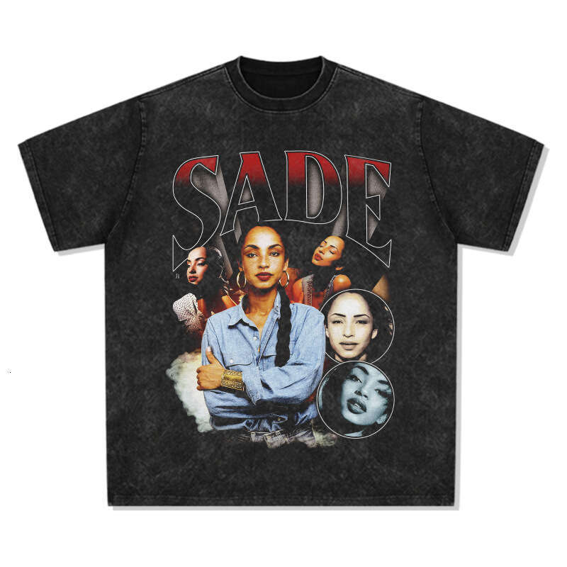 Hip Hop Sade Printed Short Sleeve T-shirt Made of Pure Cotton Loose Vintage Round Neck with Small Neckline