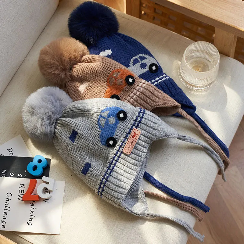 Winter Baby Boy Hat with Earflap Fur Ball Knitted Kids Beanie Caps Toddler Bonnet Hats Infant Accessories Fleece Lining 14Y 241225