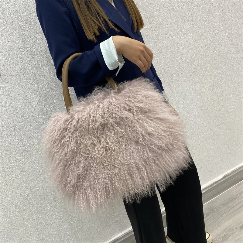 Factory Wholesale Fashion Real Mongolian Lamb Fur Bag Sheep Fur Shoulder Bag241226
