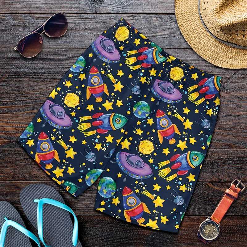 Mens Oversized Beach Shorts Cartoon Rocket Harajuku Cool Swimming GYM Trunks Quick Drying Lace-up Short Pants Daily Ice ShortsXJ241226