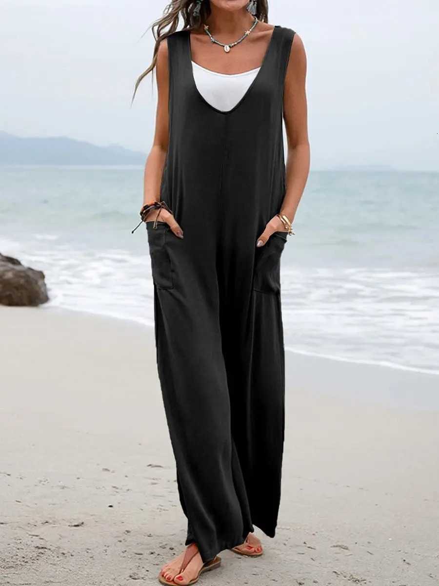 2024 Europe and the United States summer solid color patch pocket fashion jumpsuit Vneck strap wideleg pants 241224