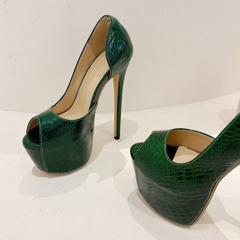 Liyke 2024 New Green Snake Print Leather Platform Pumps Women Sexy Sgback Peep Toe Extreme High Heels Strip Pole Dance Shoes