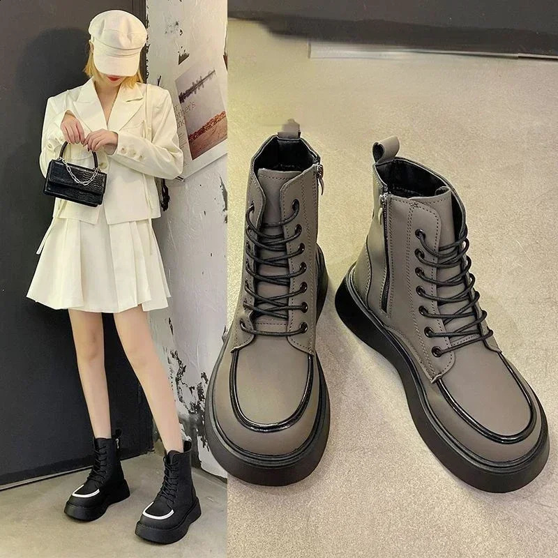 Trend for Spring and Autumn Round-toed Boots High Quality Thick-bottomed British Style Flat Ankle Boots for Women 241226