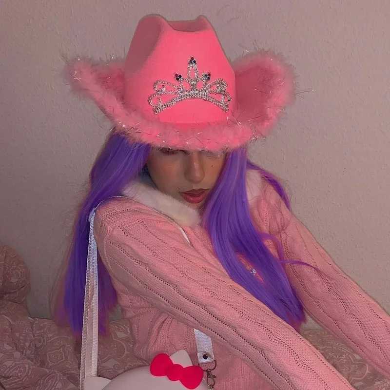 Western style denim hat pink womens Birtay party Cs decorated with feather sequins crown headpiece night club denim hat W241225
