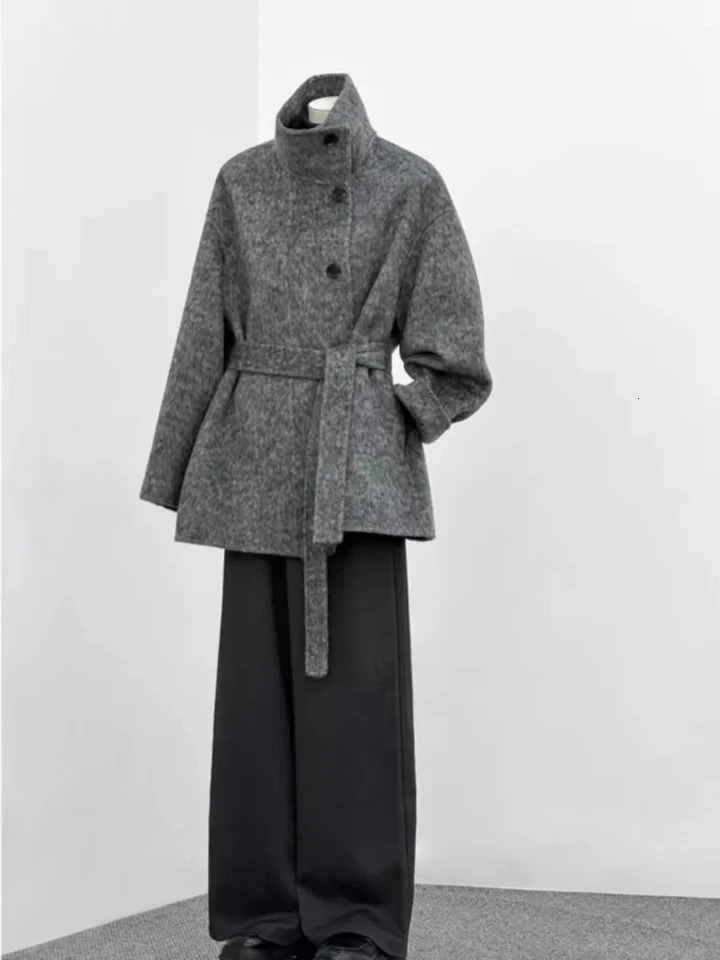 Turtleneck Single Breasted Woolen Coat Laceup Solid Color Elegant Full Sleeve Clothing 241225