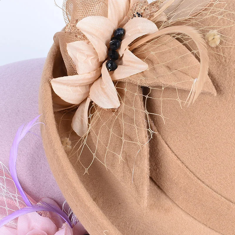 Elegant Womens Hats Fashion Winter Bowler Fedora ladies Wool Round Hat Autumn Vintage Party Fedoras Church Felt Top Hat 241226