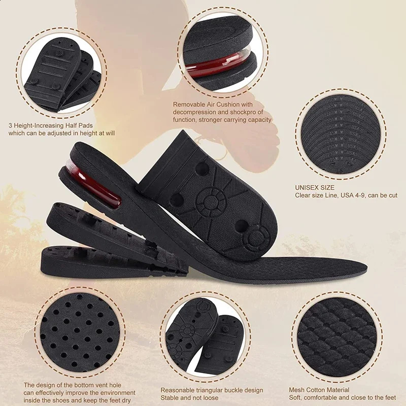 Height Increase Insoles Air Shoe Cushion Lift Insert Men Women 3-9cm Invisible Variable Insole Adjustable Cut Taller Support Pad 241226