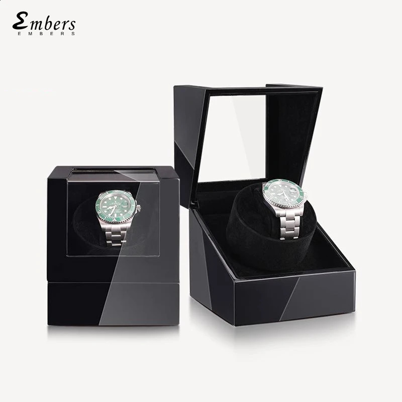 Embers Black Piano Lacquer Watch Winder Battery Automatic Watch Box 2 Watches Storage 241226