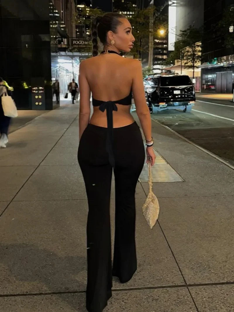 Women Halter Neck Gold Flower Black Jumpsuits Sexy Sleeveless Bandage Backless Hollow Out Flare Pants Evening Party Overalls 241225