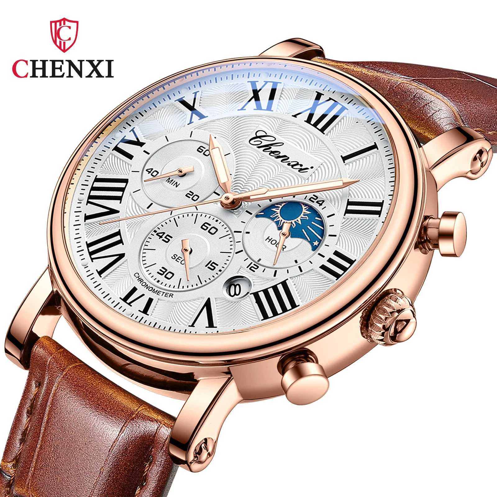 New Arrival CHENXI 973 Multi functional Business Moon Phase Waterproof Roman Simulation Imported Mens Watch Dial Quartz Leather Watch Z241226