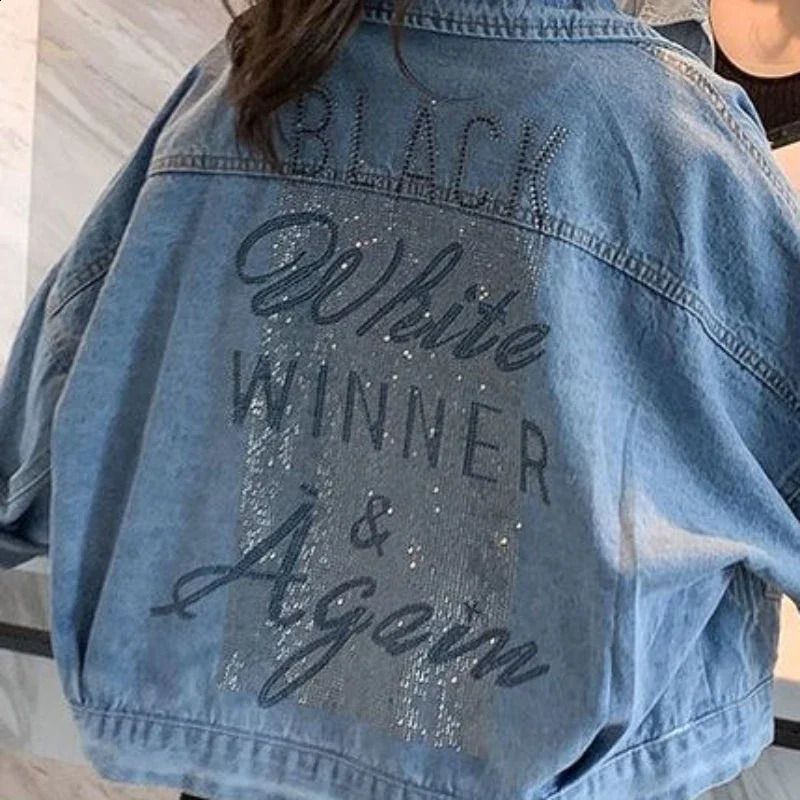 Sequin Female Jeans Coat Diamonds with Rhinestones Spring Autumn Small Short Graphic Outerwears Print Womens Denim Jackets Blue 241223