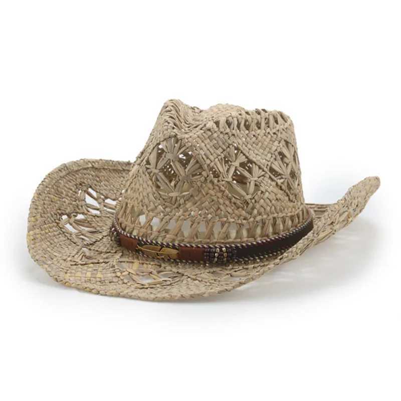 Spring and Summer Handmade Knitted Rolling Brim Cowboy Hat Western Beach Sun Hat Party C Hollow Ethnic Style Jazz Hat W241225