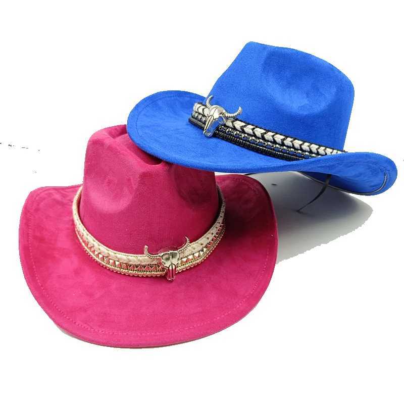 Suede Western Cowboy Hat Cow Head Jewelry Cowboy Hat Monochrome Felt Hat Mens and Womens Large Outdoor Hats Knight Hat W241225