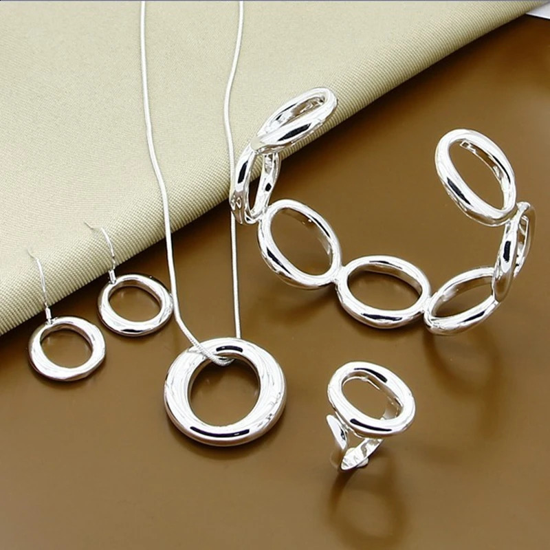 Jewelry Sets 925 Silver Fashion Simple Round Open Bangles Necklace Earrings Rings Set Top Quality 241226